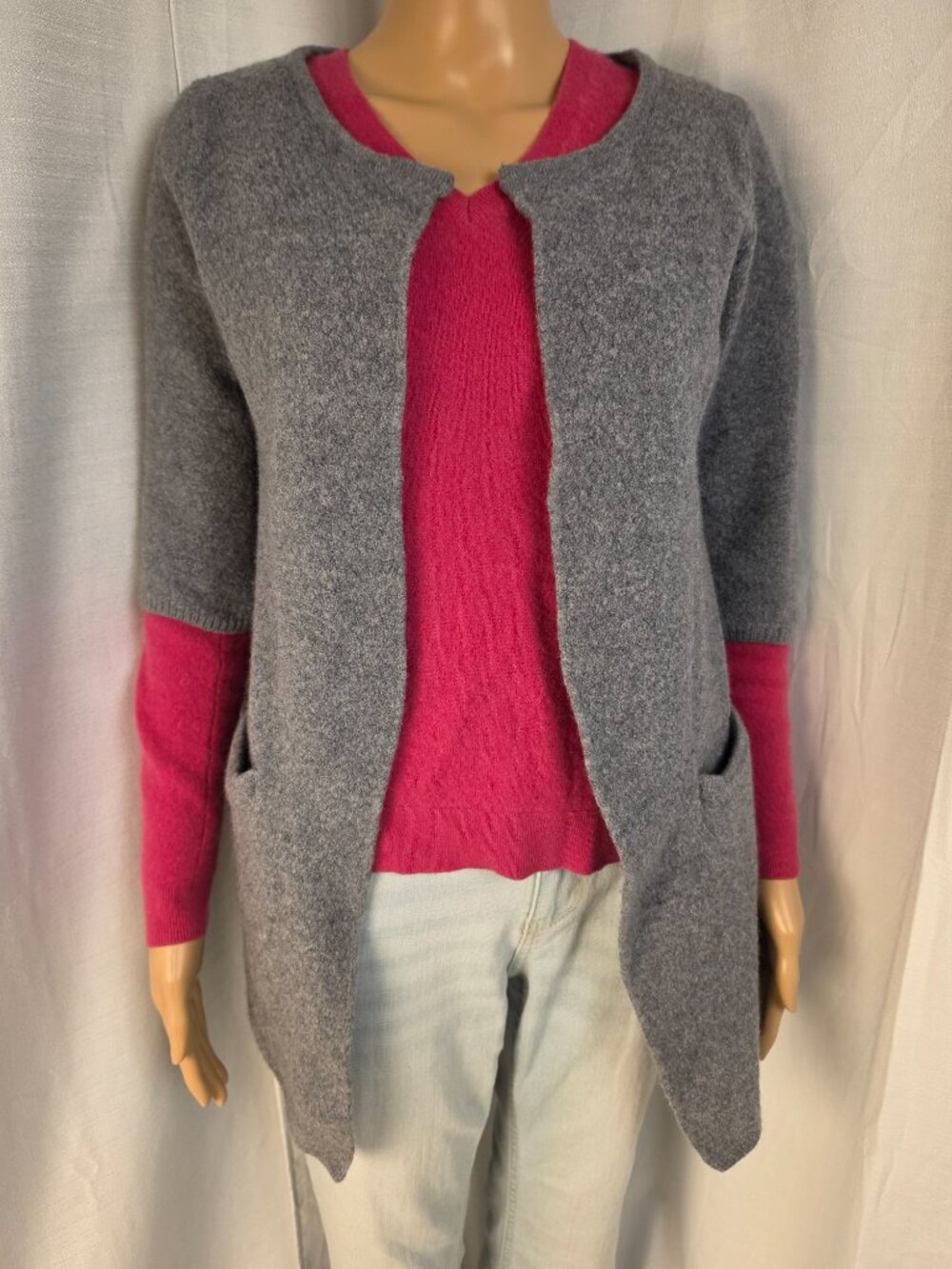 Cynthia Rowley Gray 100% Extrafine Merino Wool Open Front Cardigan Size Large